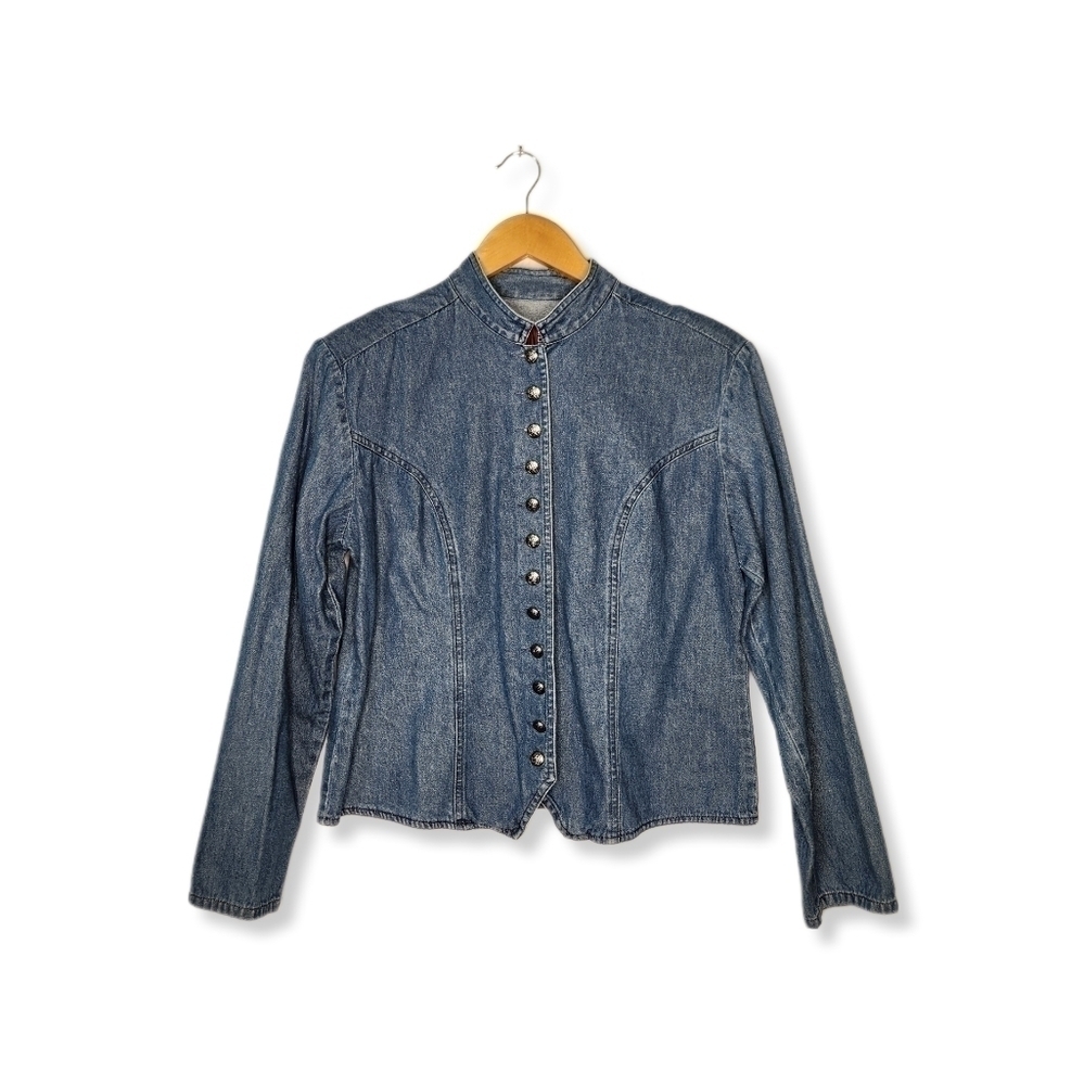 Vintage Western Silver Button Front Fitted Long Sleeve Denim Shirt Size Large